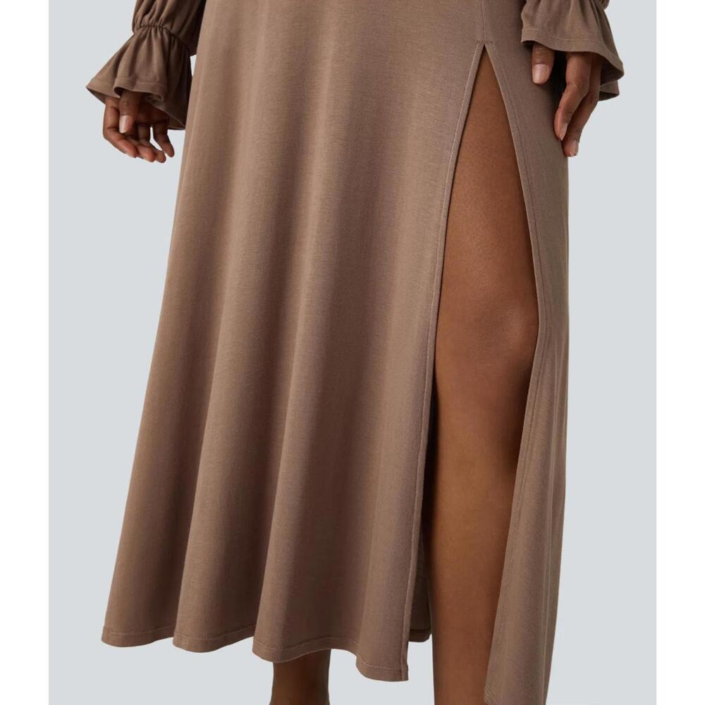 NWT Halara Square Neck Tie Front Flounce Long Sleeve Hem Midi Dress Beaver Fur M - Picture 9 of 11